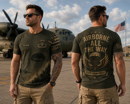 Custom Name US Amry Airborne All The Way Military Veteran 3D T-Shirt