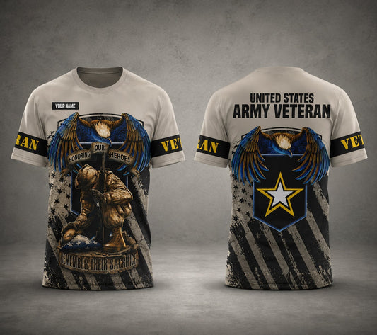 Custom Name US Army Honoring Our Heroes Veteran 3D T-Shirt