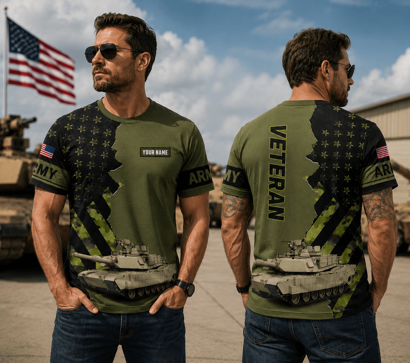 Custom Name US Army M1 Abrams Tank Veteran 3D T-Shirt