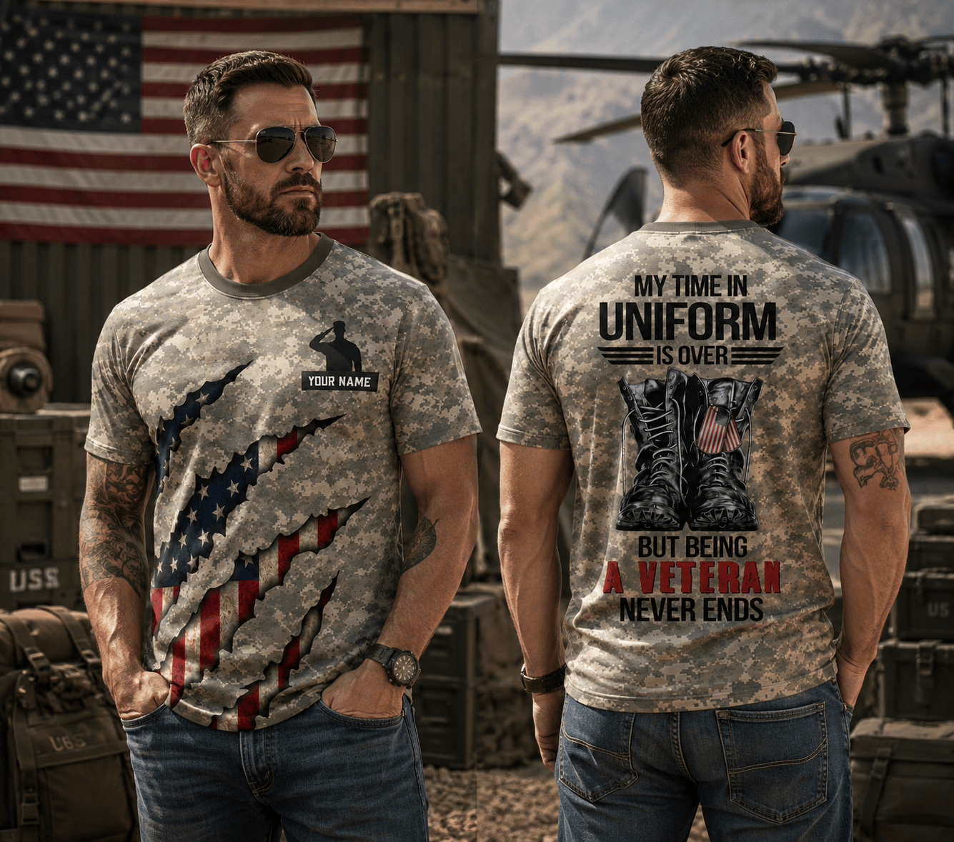 Custom Name US Army Flag Military Camo Veteran 3D T-Shirt