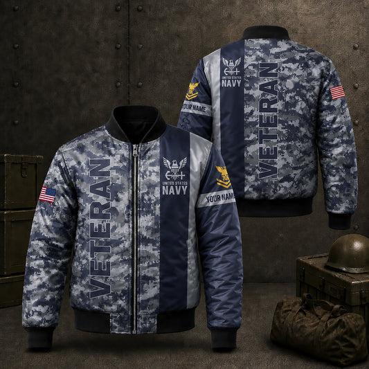 Custom Name & Rank  US Navy  Flag Military Camo Veteran Bomber Jacket
