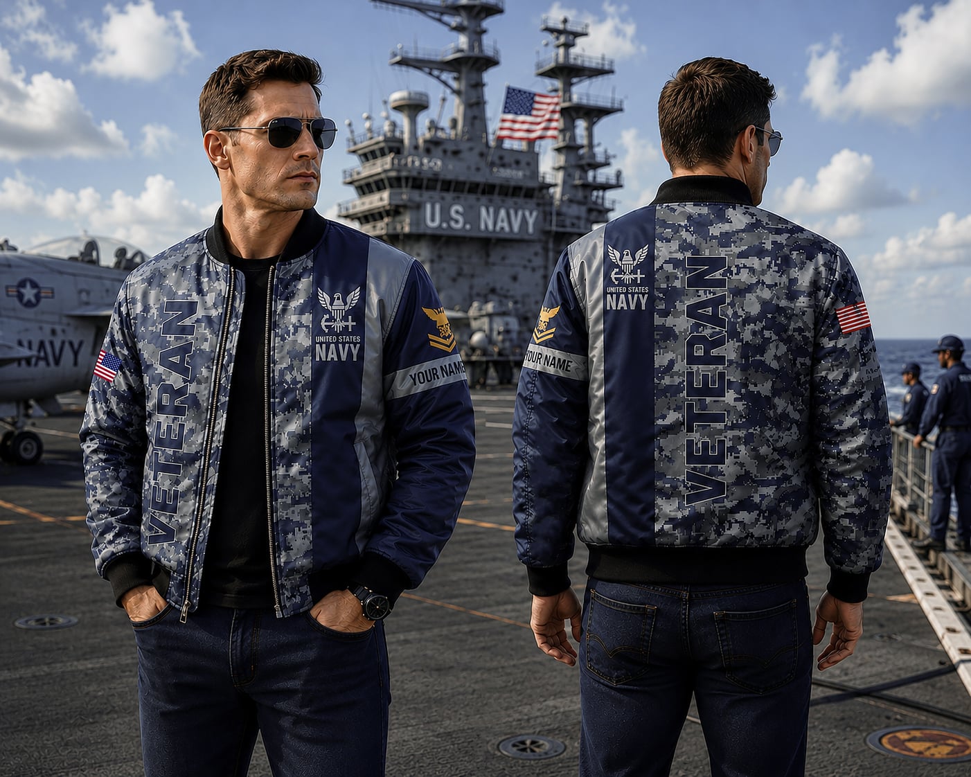 Custom Name & Rank  US Navy  Flag Military Camo Veteran Bomber Jacket