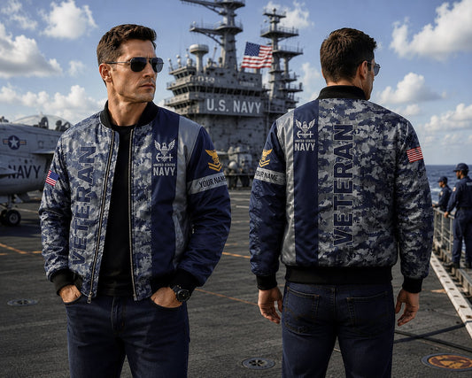 Custom Name & Rank  US Navy  Flag Military Camo Veteran Bomber Jacket