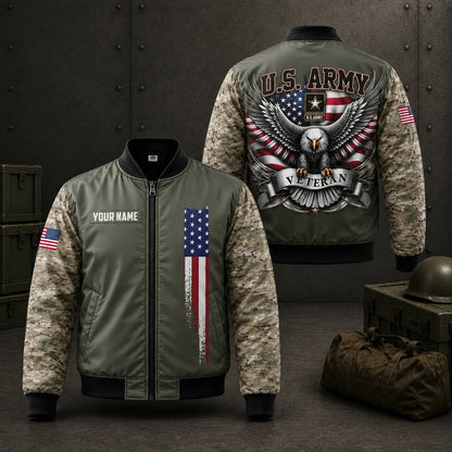 Custom Name US Army Flag Military Camo Veteran Bomber Jacket
