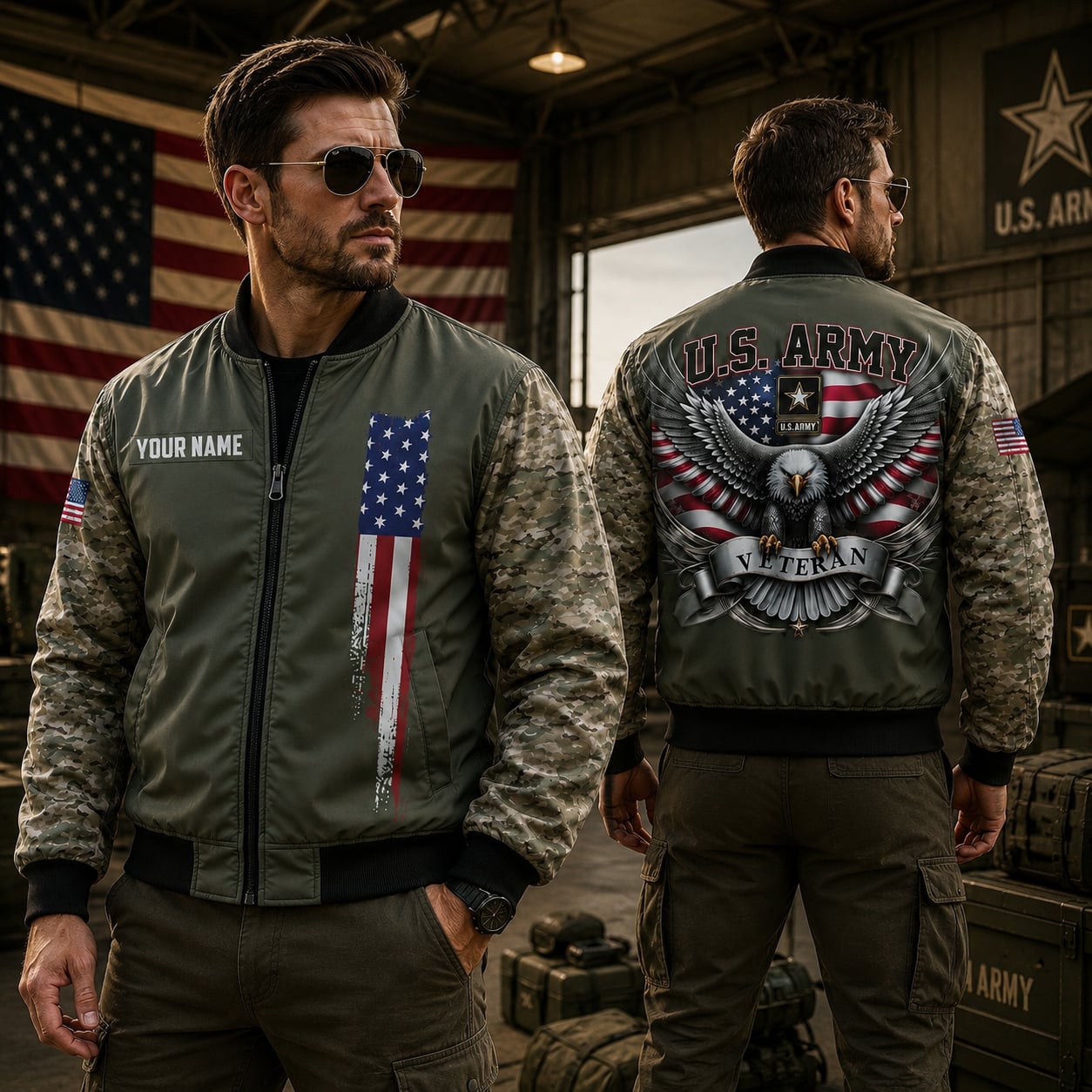 Custom Name US Army Flag Military Camo Veteran Bomber Jacket