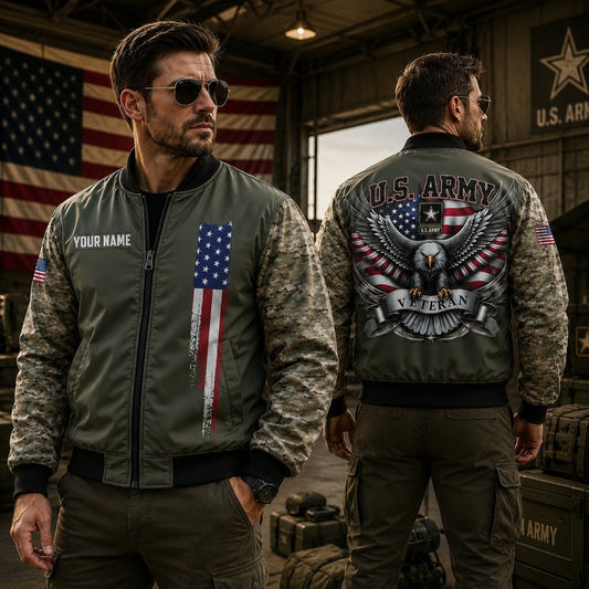 Custom Name US Army Flag Military Camo Veteran Bomber Jacket