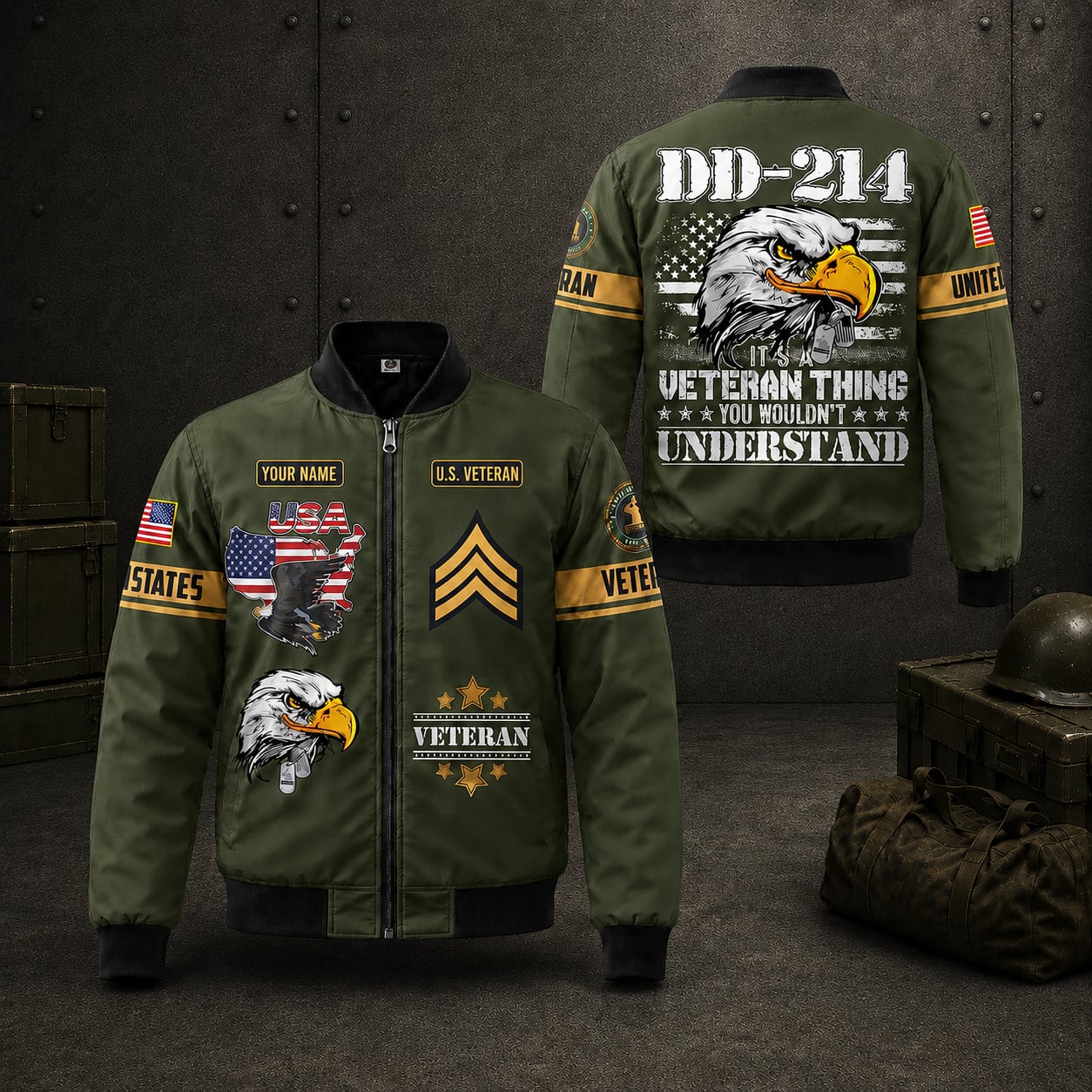 Custom Name & Rank US Military DD 214 Veteran Bomber Jacket
