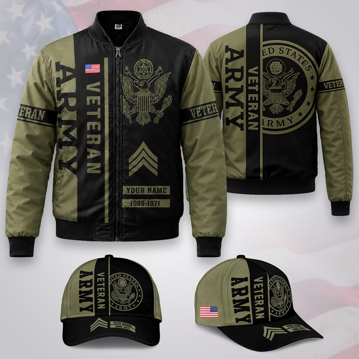 Custom Name, Year & Rank US Army Veteran Bomber Jacket / Combo