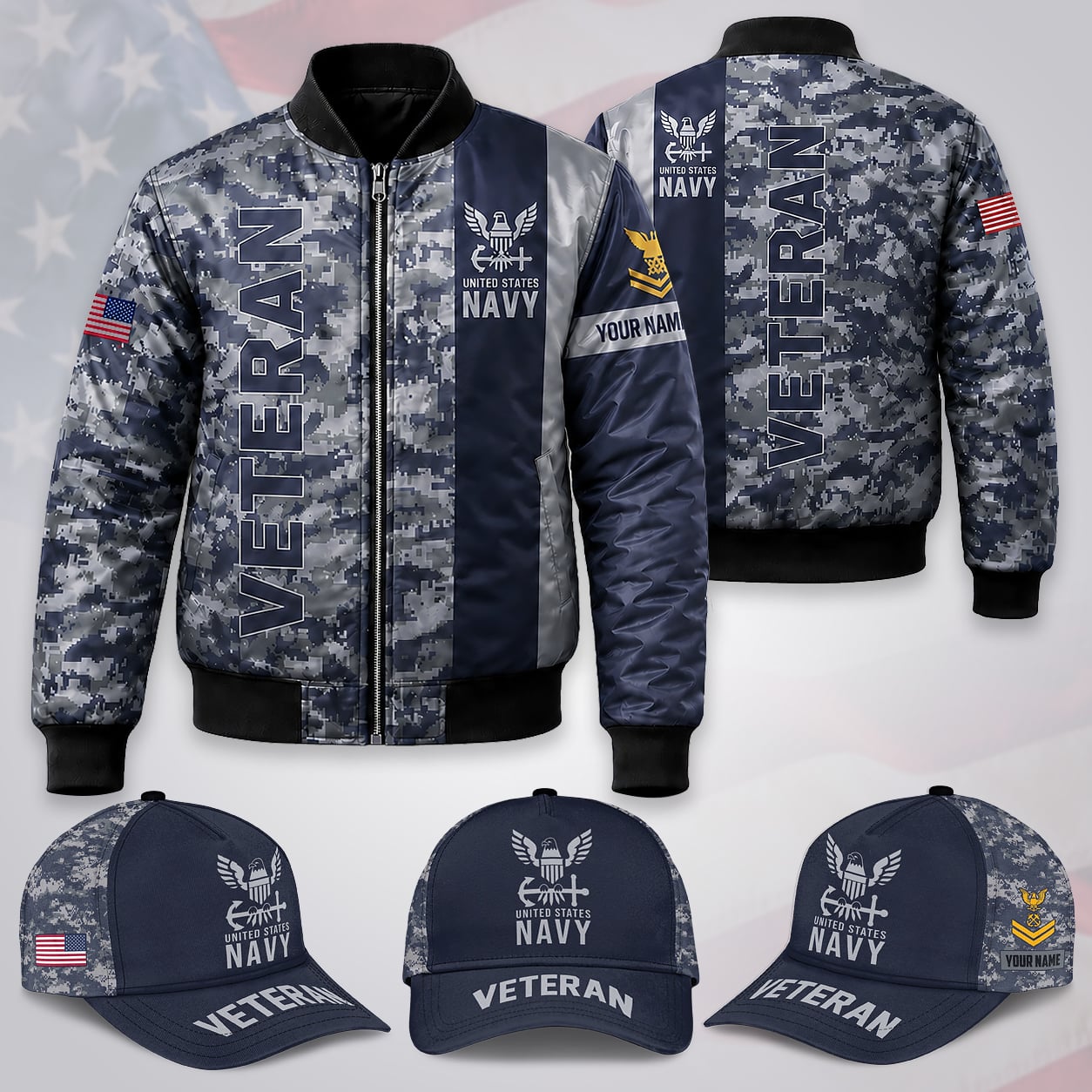 Custom Name & Rank US Navy Flag Military Camo Veteran Bomber Jacket / Combo