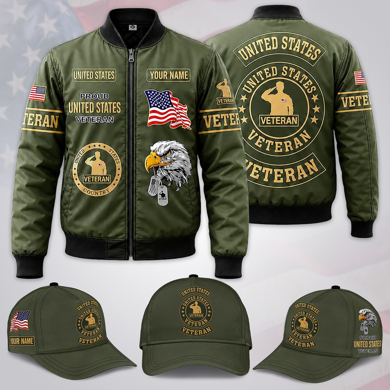 Custom Name US Military Veteran Bomber Jacket / Combo