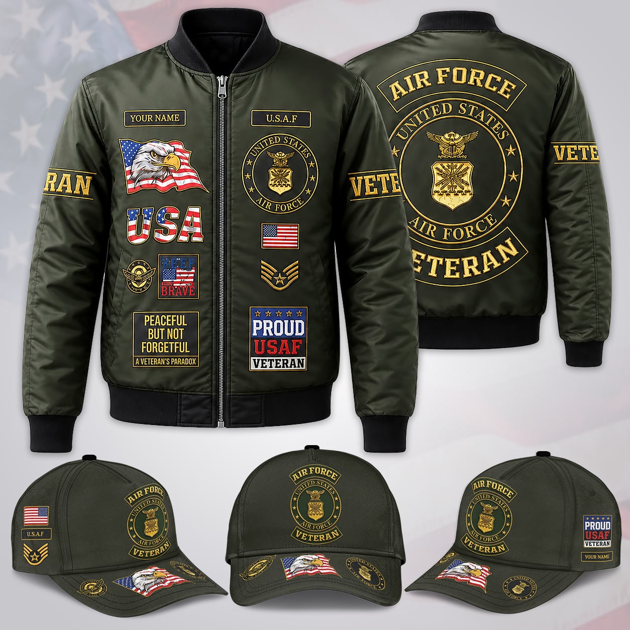 Custom Name US Air Force Veteran Bomber Jacket / Combo
