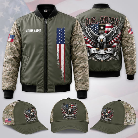 Custom Name US Army Flag Military Camo Veteran Bomber Jacket / Combo
