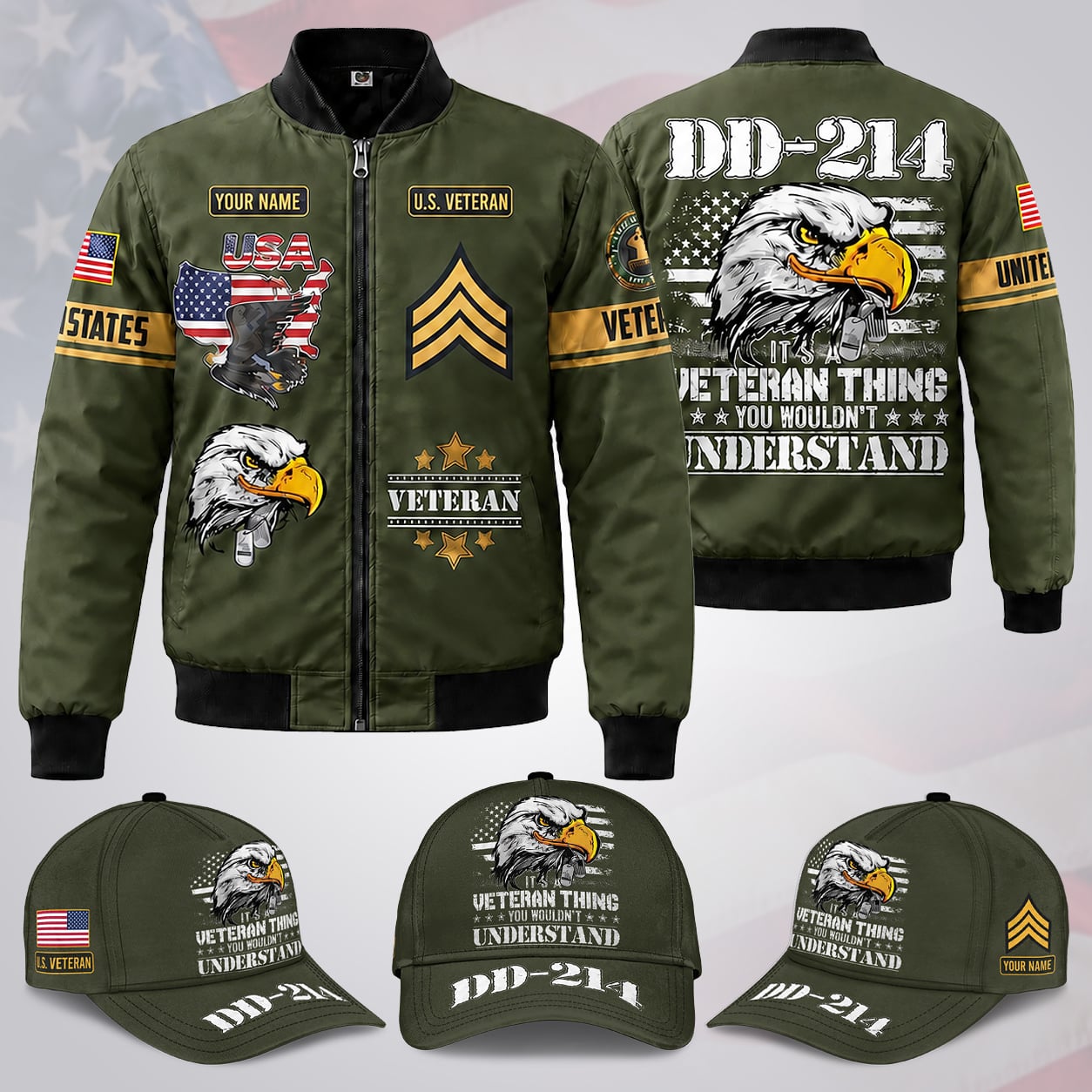Custom Name & Rank US Military DD 214 Veteran Bomber Jacket / Combo