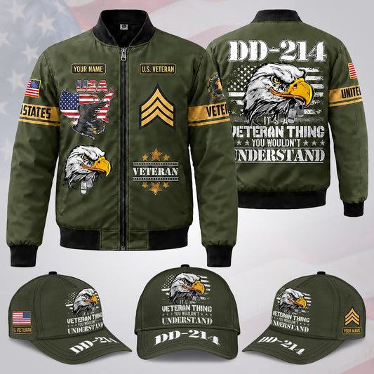 Custom Name & Rank US Military DD 214 Veteran Bomber Jacket / Combo