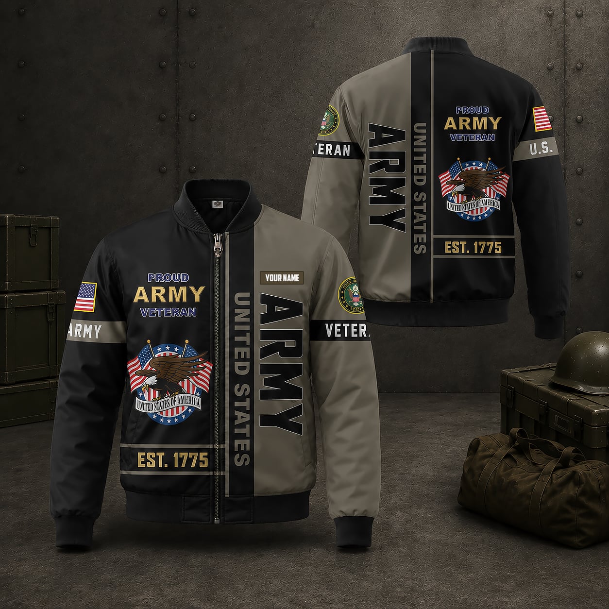 Custom Name US Group Army Veteran Military Bomber Jacket / Combo