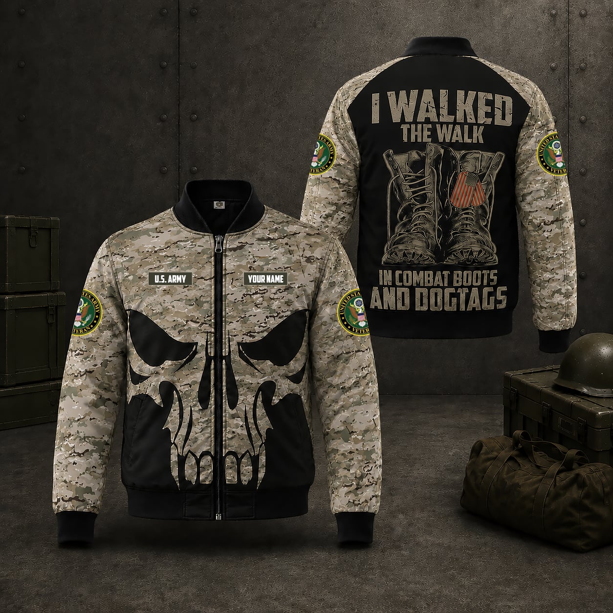 Custom Name US Army Veteran Military Bomber Jacket / Combo