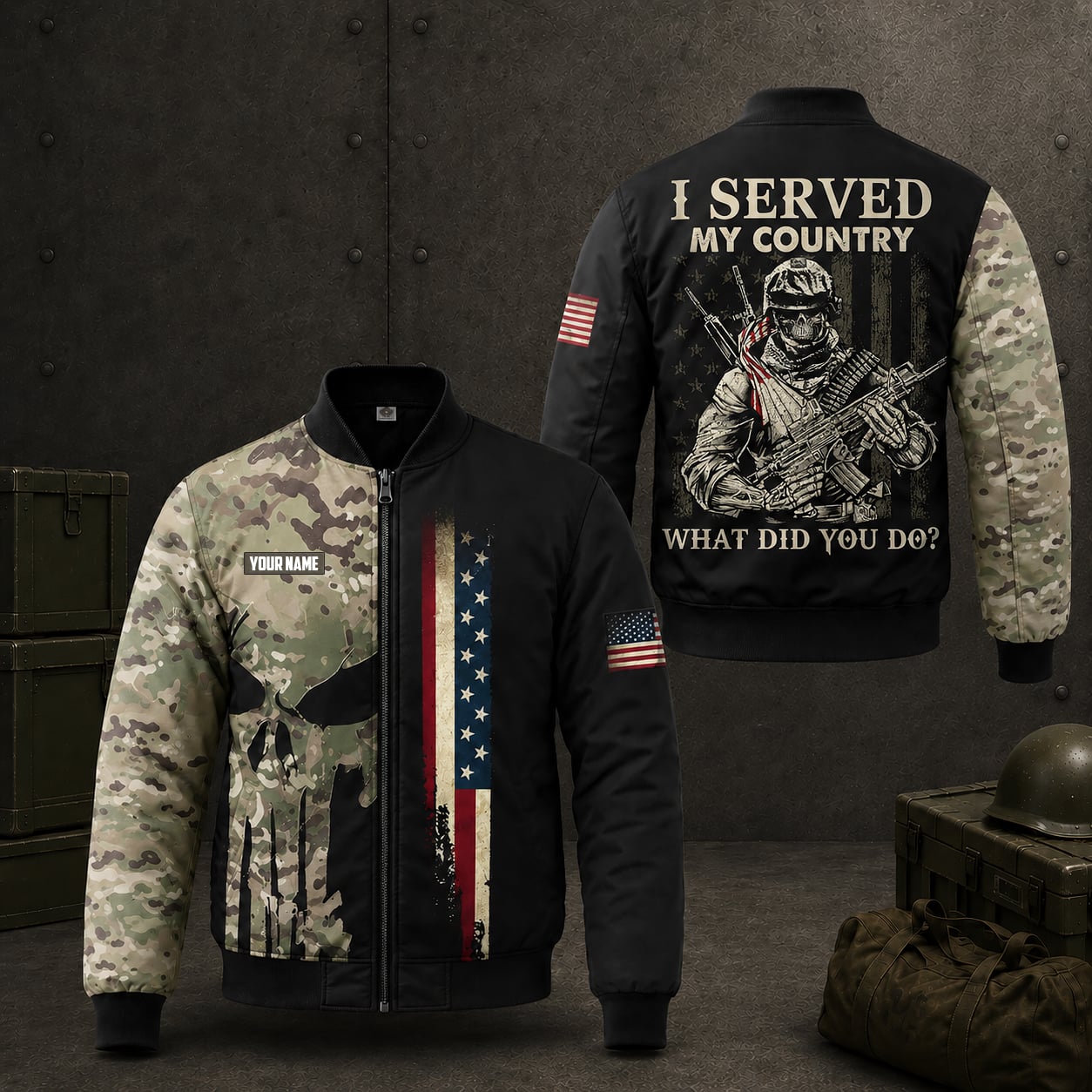 Custom Name US Army Soldiers Veteran Military Bomber Jacket / Combo