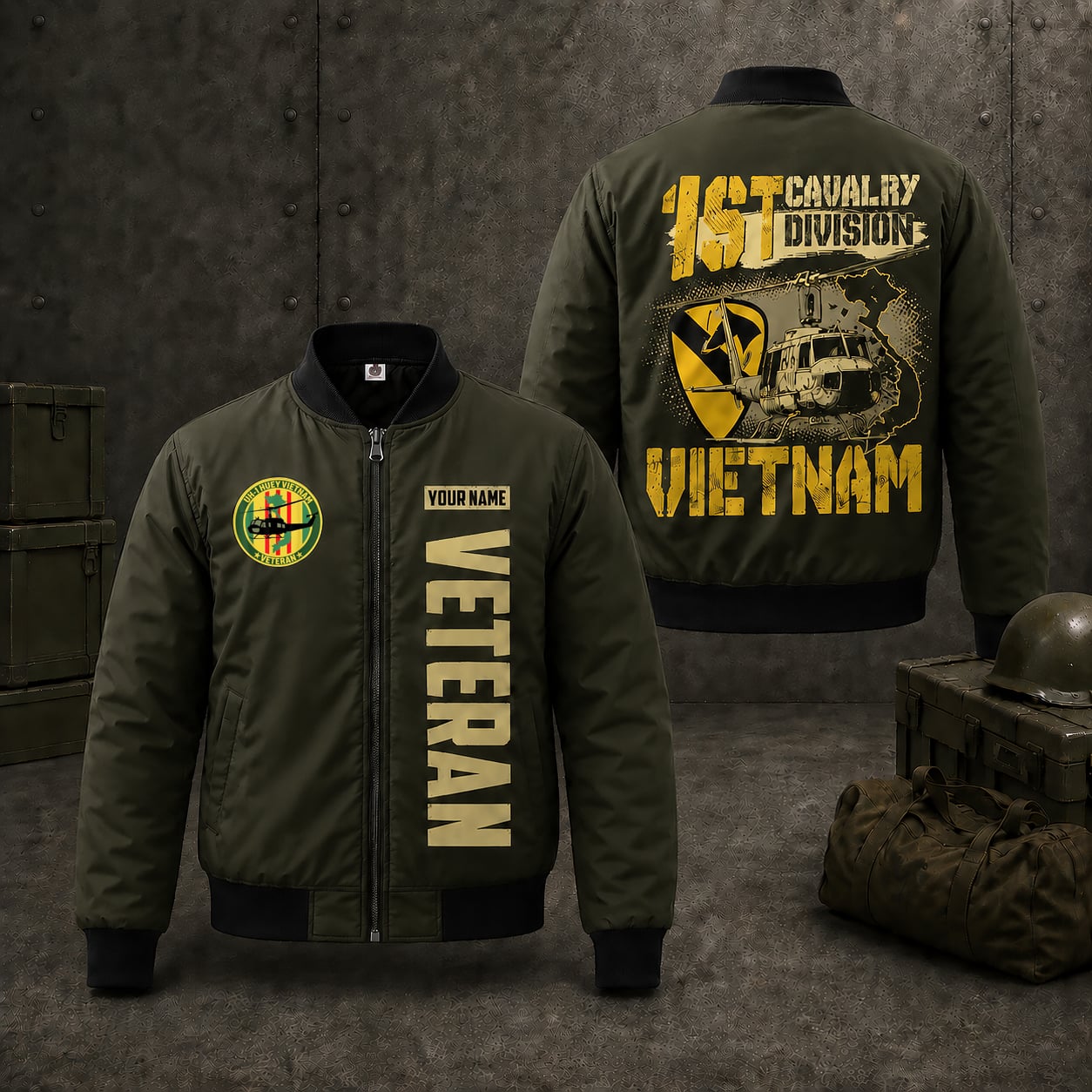 Custom Name US Army 1st Cavalry Division Vietnam Veteran Bomber Jacket / Combo