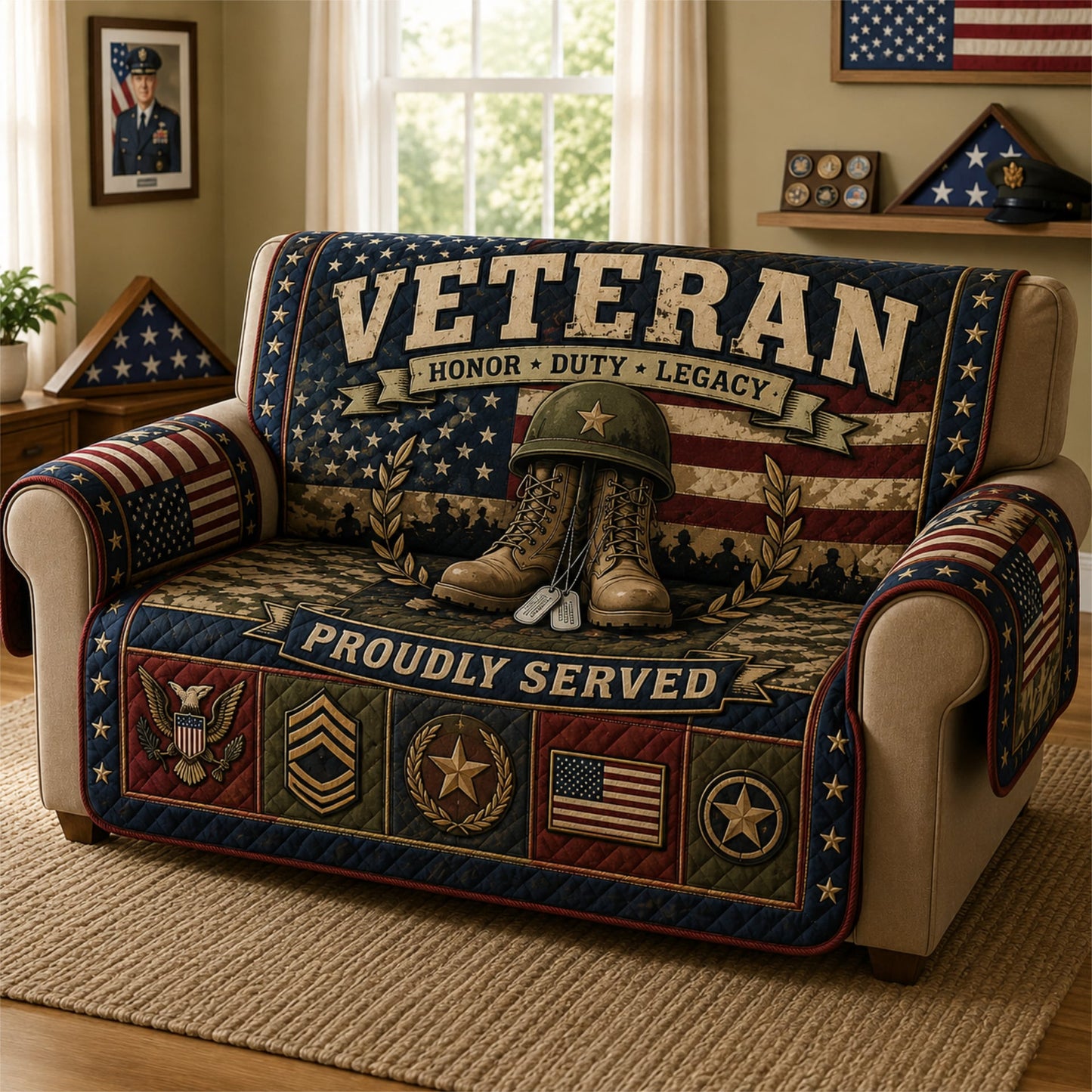 US Veteran 250 Years Service Sofa Cover, Patriotic Military Couch Protector