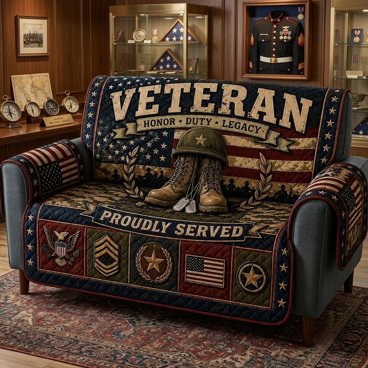 US Veteran 250 Years Service Sofa Cover, Patriotic Military Couch Protector