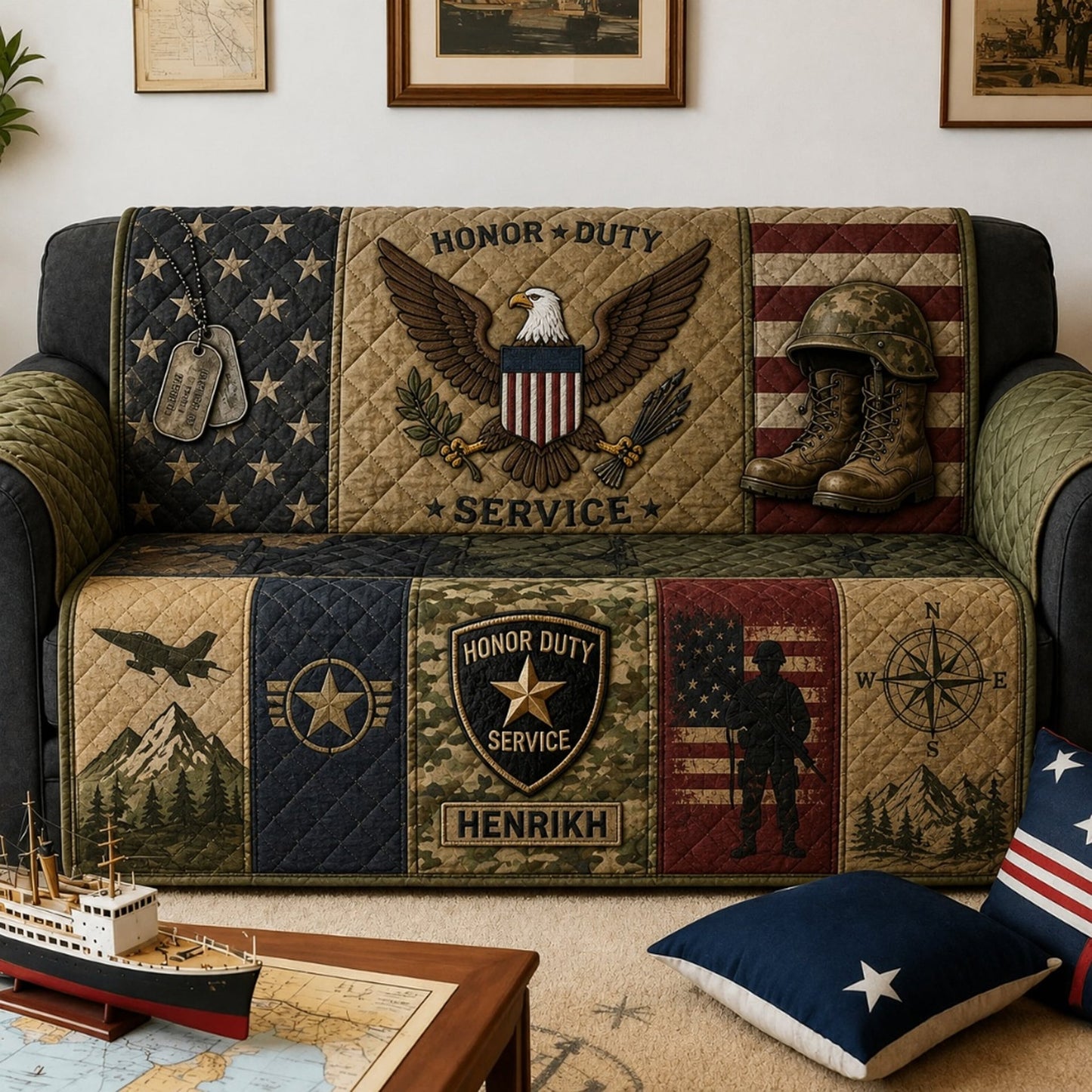 Veteran Service Sofa Cover, Personalized Military Home Decor