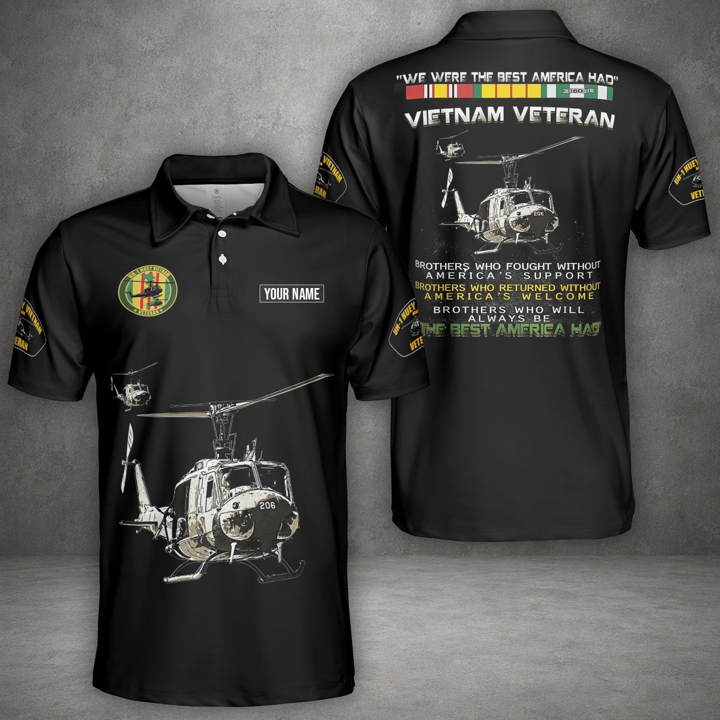 Custom Name US Army Bell UH-1 Iroquois Vietnam Veteran We Were America Had Proud Polo Shirt
