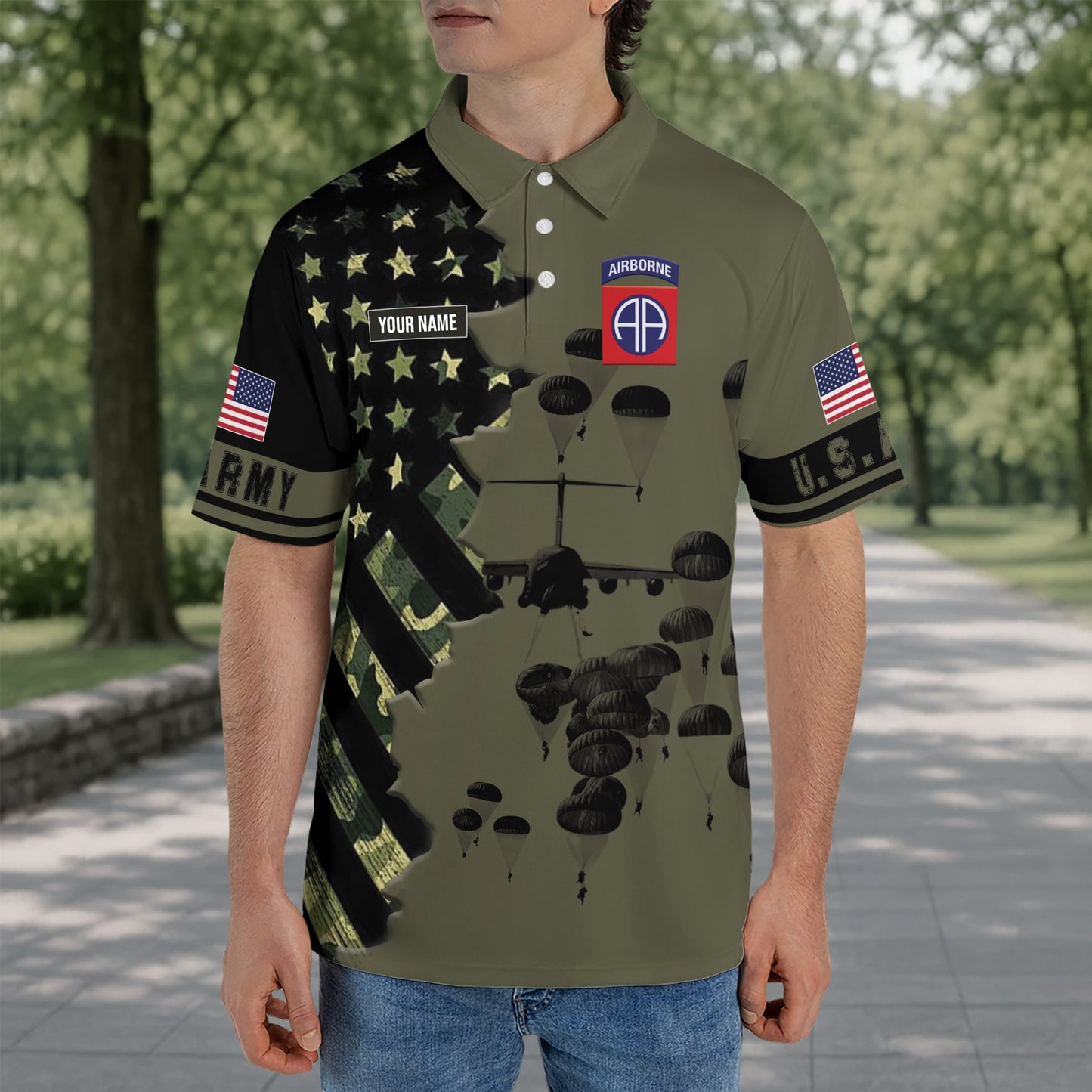 Custom Name US Army 82nd Airborne Paratrooper Jumpmaster Polo Shirt