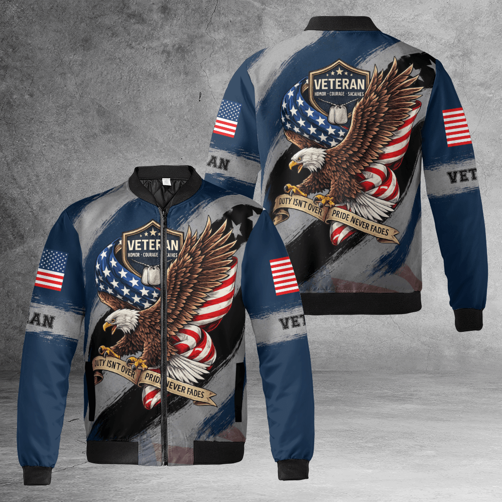 Custom Name Veteran Soldier Eagle American Flag Pattern Black Bomber Jacket / Combo