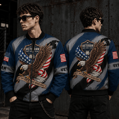 Custom Name Veteran Soldier Eagle American Flag Pattern Black Bomber Jacket / Combo