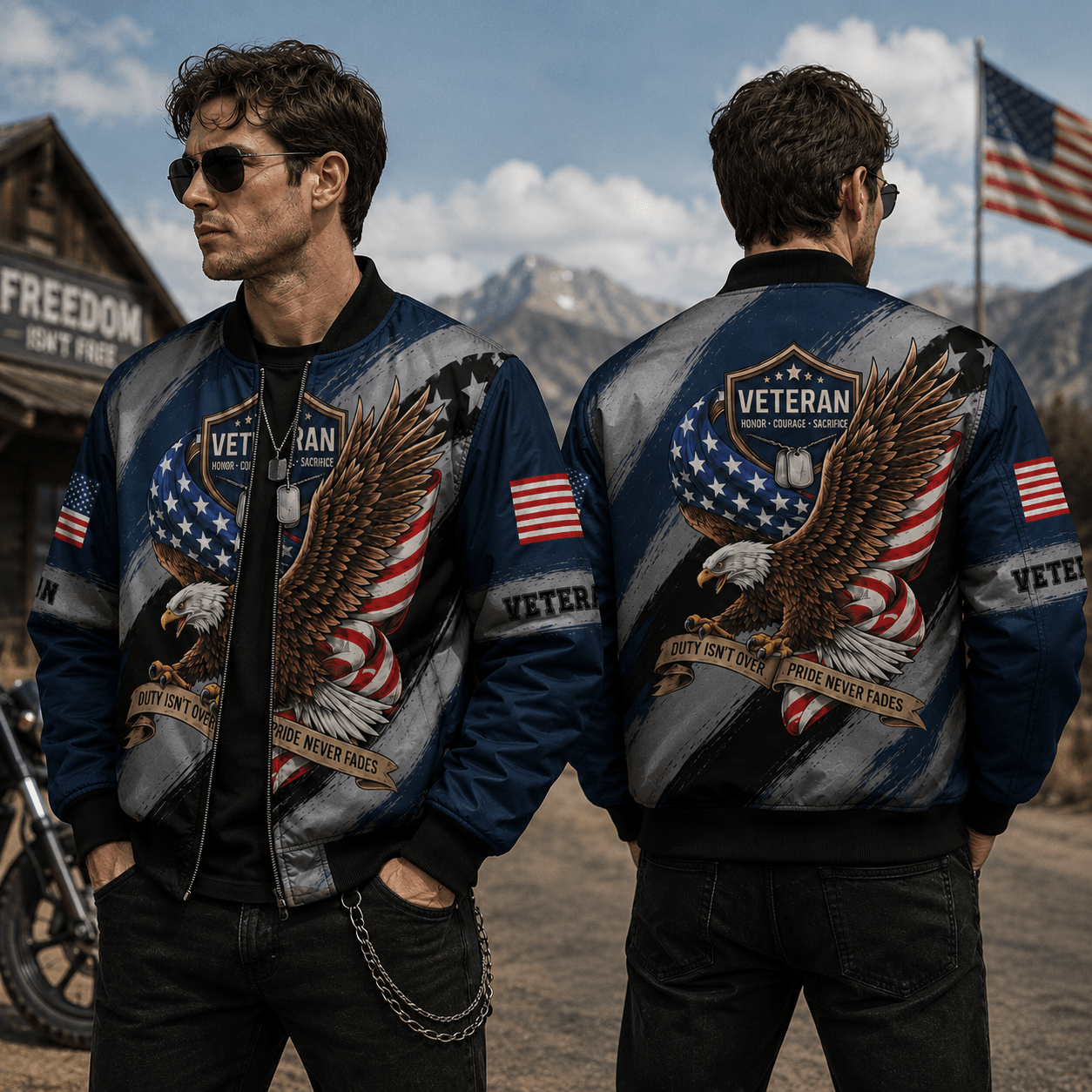 Custom Name Veteran Soldier Eagle American Flag Pattern Black Bomber Jacket / Combo