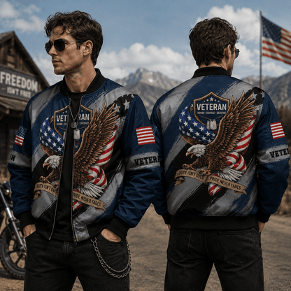 Custom Name Veteran Soldier Eagle American Flag Pattern Black Bomber Jacket / Combo