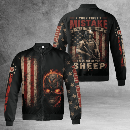 Custom Name US Army Veteran Skull Bomber Jacket, Your First Mistake Military Jacket