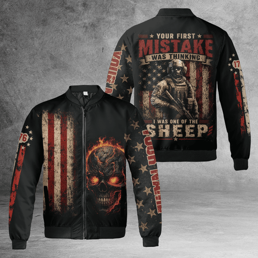 Custom Name US Army Veteran Skull Bomber Jacket, Your First Mistake Military Jacket