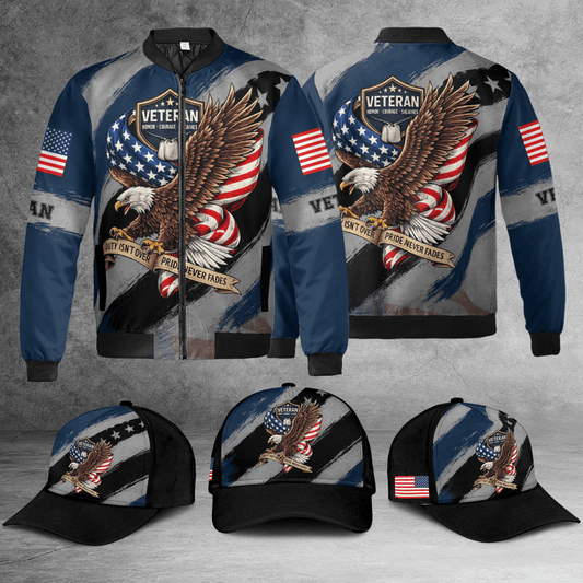 Custom Name Veteran Soldier Eagle American Flag Pattern Black Bomber Jacket / Combo
