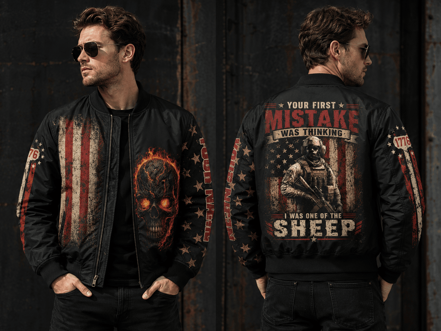 Custom Name US Army Veteran Skull Bomber Jacket, Your First Mistake Military Jacket