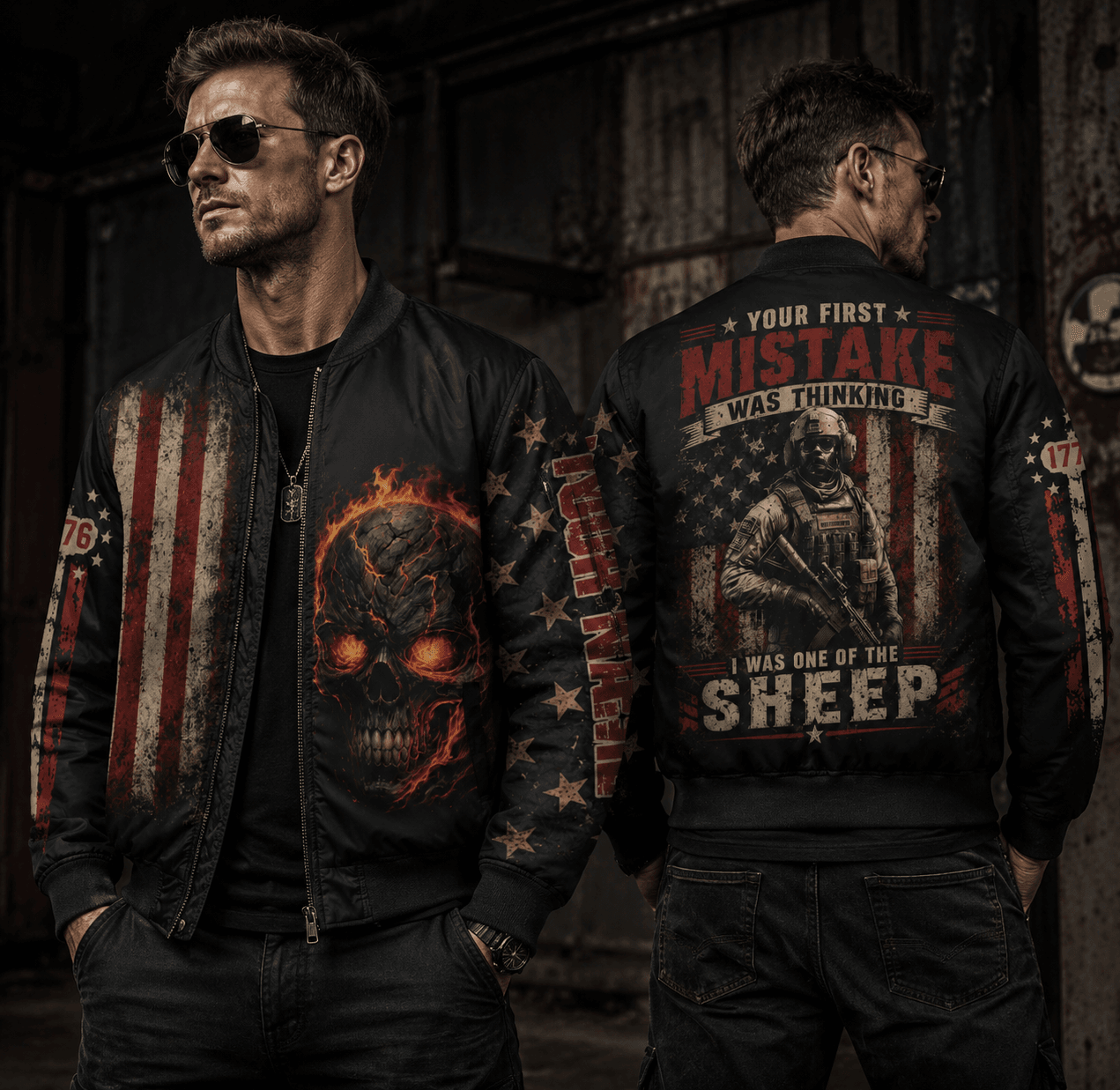 Custom Name US Army Veteran Skull Bomber Jacket, Your First Mistake Military Jacket