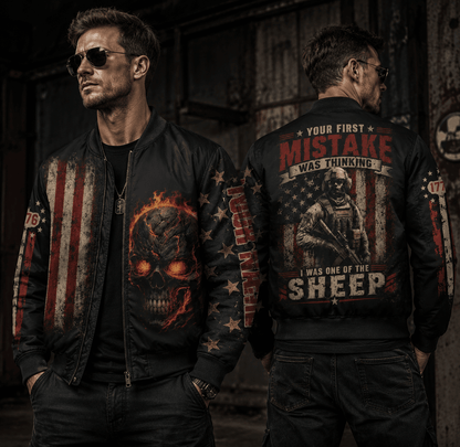 Custom Name US Army Veteran Skull Bomber Jacket, Your First Mistake Military Jacket