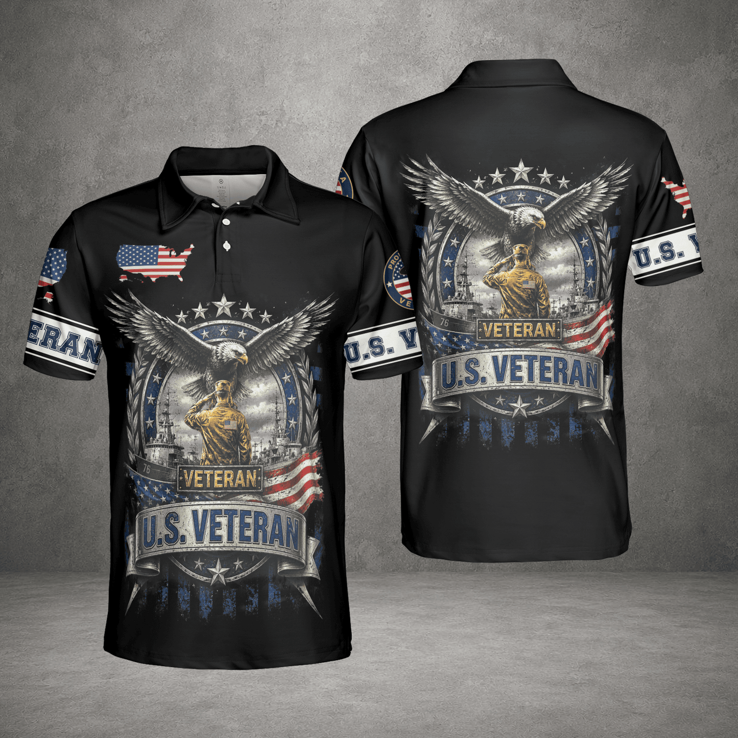 US Veteran Polo Shirt, Patriotic Military Button Polo Shirt For Men