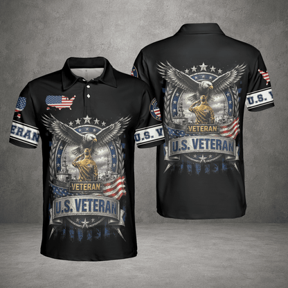 US Veteran Polo Shirt, Patriotic Military Button Polo Shirt For Men