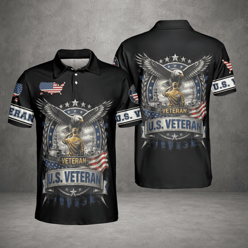US Veteran Polo Shirt, Patriotic Military Button Polo Shirt For Men