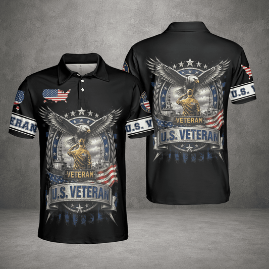 US Veteran Polo Shirt, Patriotic Military Button Polo Shirt For Men