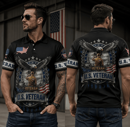 US Veteran Polo Shirt, Patriotic Military Button Polo Shirt For Men