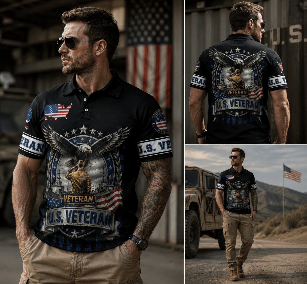 US Veteran Polo Shirt, Patriotic Military Button Polo Shirt For Men