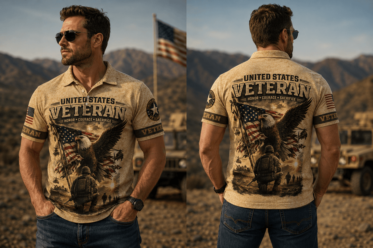 U S Veteran American Flag Eagle Pattern Polo Shirt