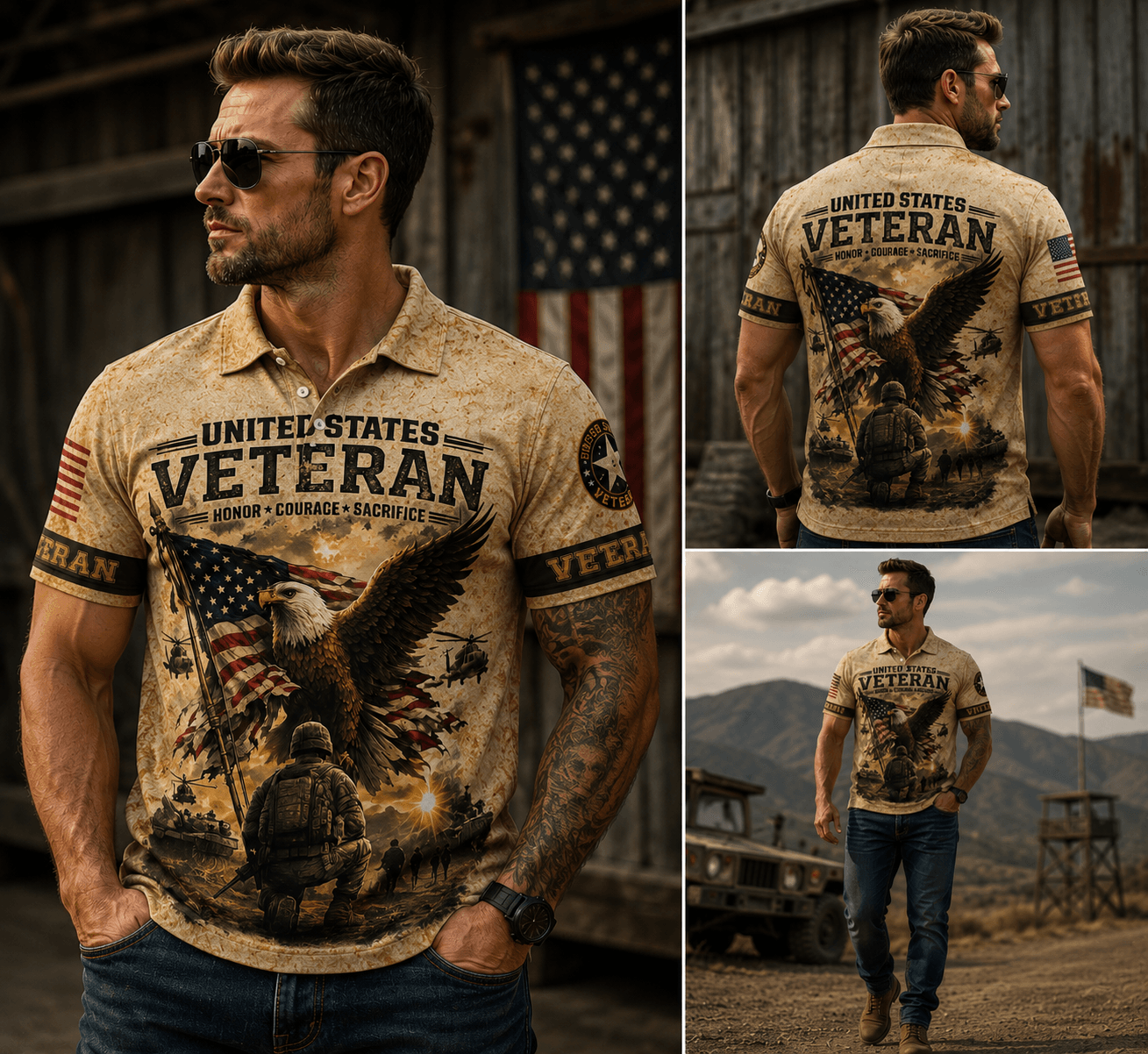 U S Veteran American Flag Eagle Pattern Polo Shirt