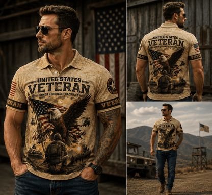 U S Veteran American Flag Eagle Pattern Polo Shirt