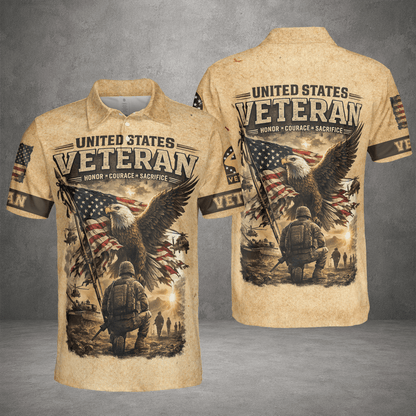 U S Veteran American Flag Eagle Pattern Polo Shirt