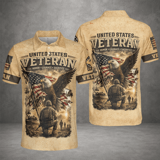 U S Veteran American Flag Eagle Pattern Polo Shirt