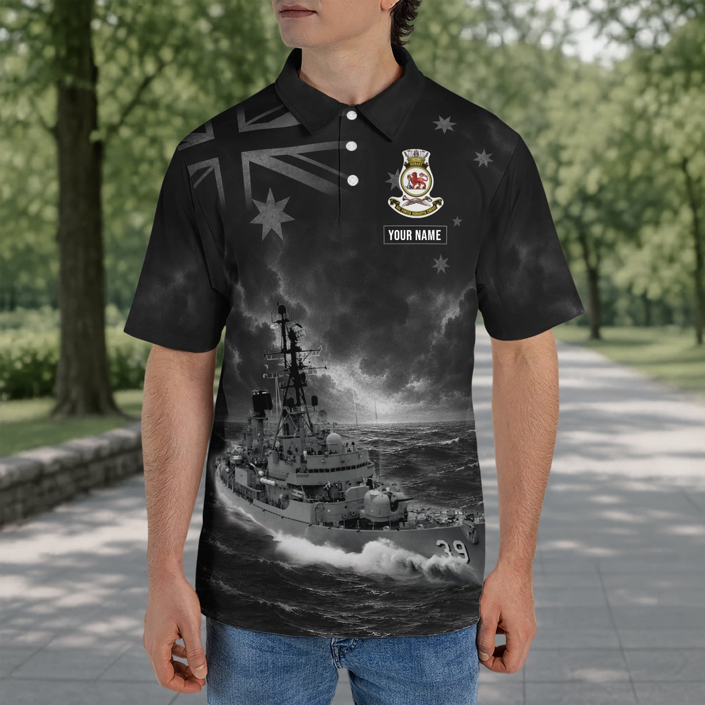 Custom Name Royal Australian Navy RAN HMAS Hobart (D 39) Veteran Polo Shirt