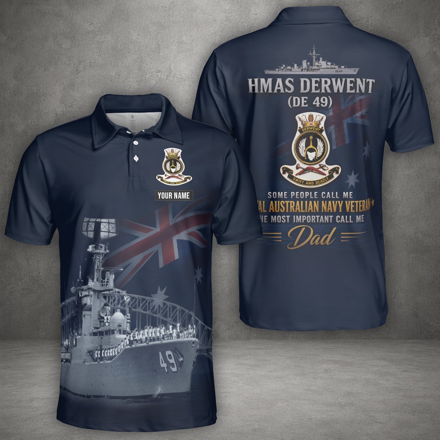 Custom Name Royal Australian Navy RAN HMAS Derwent (DE 49) Veteran Polo Shirt